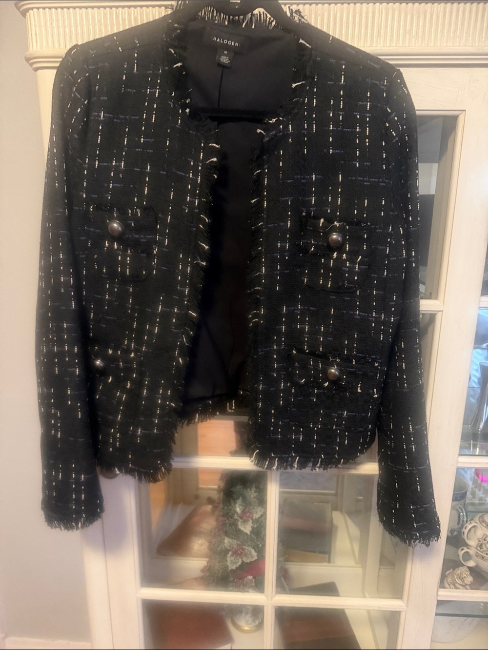 Halogen Black Tweed Fringe Collarless Blazer w/Metallic Thread/black